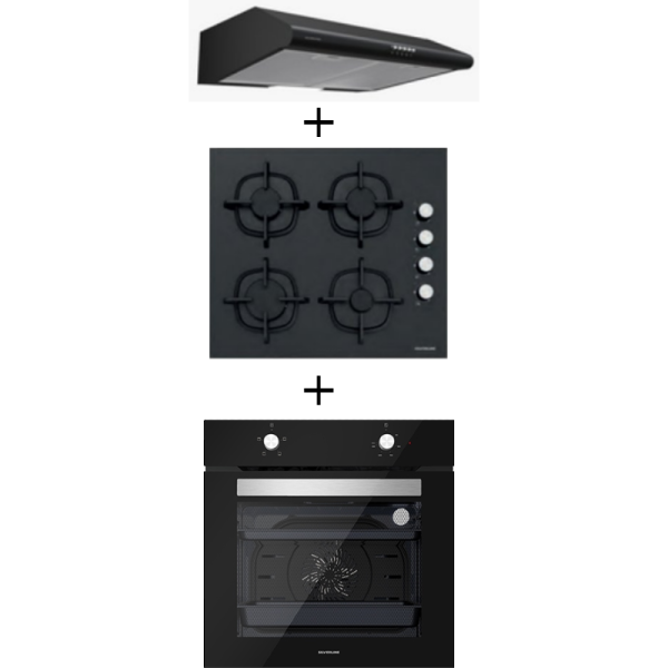 TRIO HOTTE 1200.60GR DIM. 60 cm + TABLE DE CUISSON CS5343B02 DIM. 60 cm + FOUR BO6501B03 DIM. 60 cm EN VERRE NOIR SILVERLINE