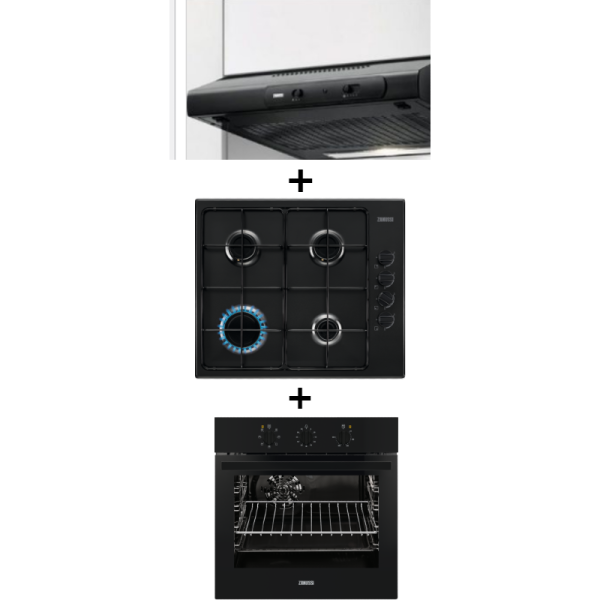 TRIO HOTTE ZHT631B DIM.60 cm + TABLE DE CUISSON NOIR ZGH62412BA DIM. 60 cm + FOUR NOIR DIM.60 cm ZOB21601BV MARQUE : ZANUSSI